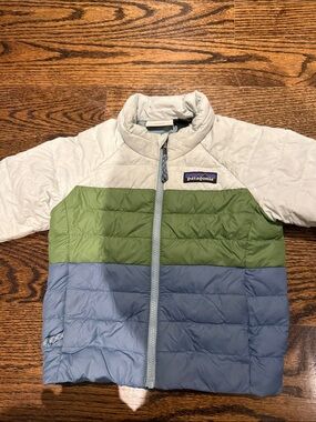 Patagonia Toddler Down Sweater Coat - Light Gray, Green & Blue 12-18 mos